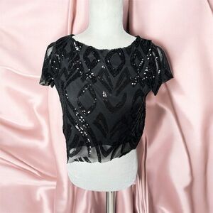 bebe tie-back sequin and lace crop top